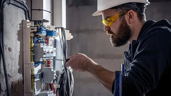 Electrician working on electrical panel